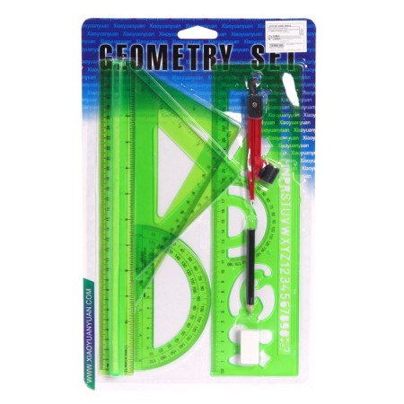 Set of geometric, drawing, blister: ruler 30 cm, 2 triangles, transporter, eraser, compass, ruler with stencils, tinted, mix-6