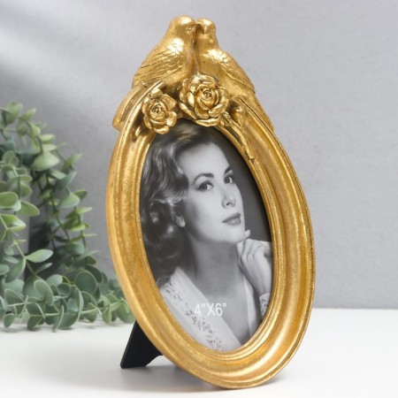 Photo frame Polystone 10x15 cm "Two birds in flowers" golden 14x22 cm-1