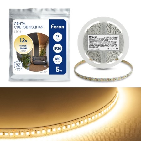 Feron 5 m, IP20, SMD2835, 180 LED/m, 17 W/m, 12 V, glow warm white white