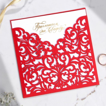 Wedding invitation: laser cutting, red color, 15 x 15 cm.-2