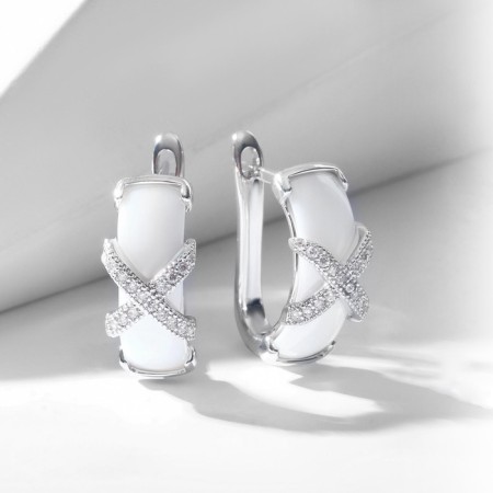 Earrings Ceramics "Cross" semicircular, white color in silver-1