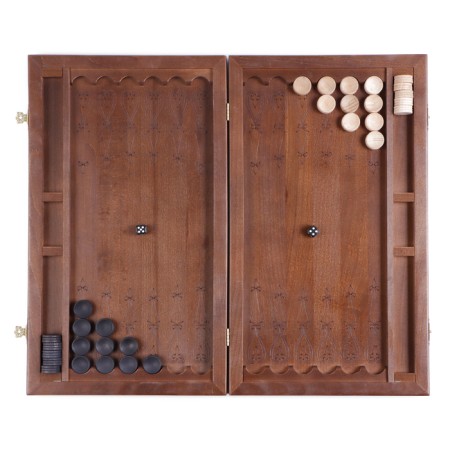 Carved backgammon "Falcon hunting", from an array of Buk, Patina, 50 x 58 cm-1