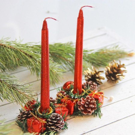 New Year's candle with a candlestick "Red cones and gifts" (set 4 pcs) 4x13x17 cm, red