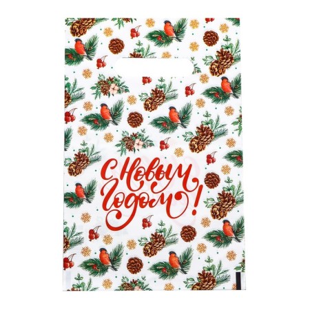 Polyethylene package with a cut -off pen "Happy New Year, bullfinch", 20x30 cm, 30 μm