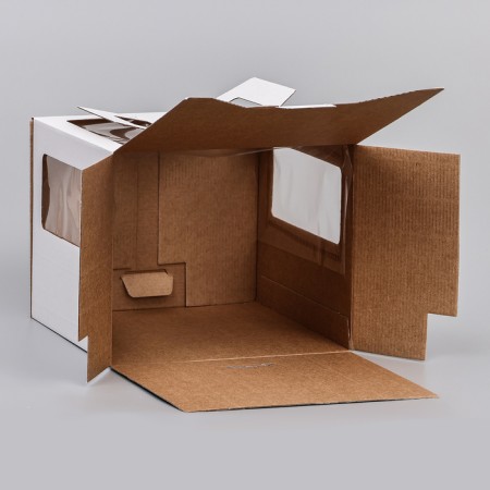 Box for cake 2 windows, with handles, white, + substrate 2.5 gold-white, 24 x 24 x 20 cm-2
