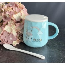 Children's Lenardi mug, with a lid and spoon, porcelain, 420 ml