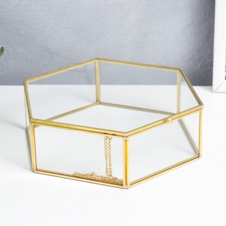 Casket glass with a metal frame "Hexagon with faces" gold 7.5x17x20 cm