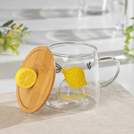 Glass mug with a wooden lid "Lemonchik", 350 ml-2