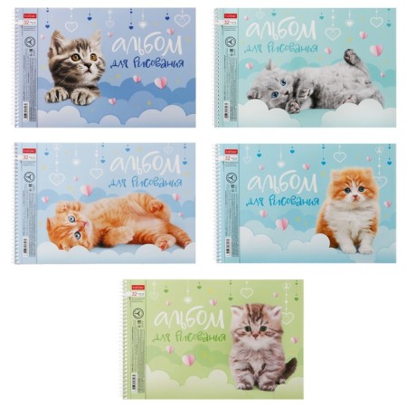 Album for drawing A4, 32 sheets on the crest "Fluffy Muzzles", covered cardboard, perforation for separation, block 100 g/m2, mix