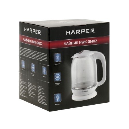 Electric kettle Harper HWK-GM02, 2200 watts, 1.7 l, glass, white-7