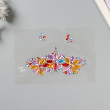 Sticker of rhinestones plastic on the face "Three flowers" multi -colored 14.5x16 cm-1
