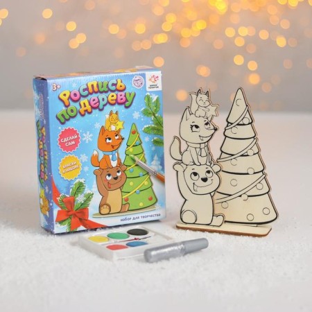 Set for creativity "Wood painting: animals with a Christmas tree"-1