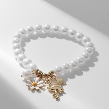 Bracelet Pearl "Margeri" Flamingo and chamomile, white color-1
