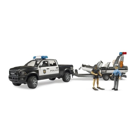 Pikap Police Bruder, with a trailer, boat and two figures of people-2