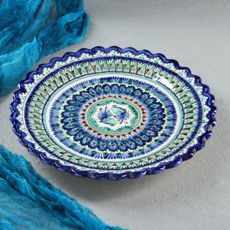 Plate of the Rishtan ceramics "Flowers", blue, embossed, 25 cm