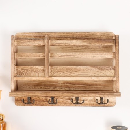 Decorative wood hooks with pocket and shelf for painting "Natural" 10.5x28x18 cm