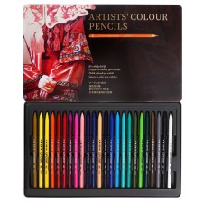 Pencils are whole, in a metal box, 24 colors