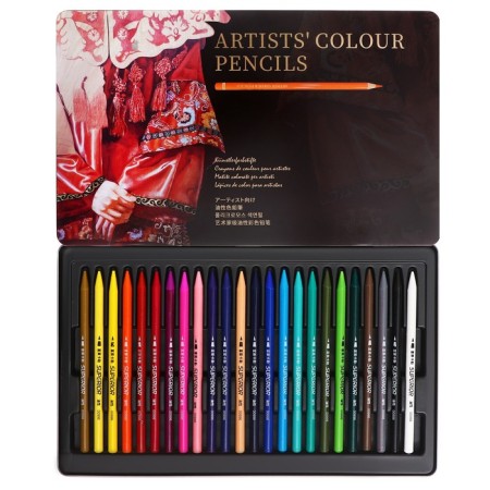 Pencils are whole, in a metal box, 24 colors
