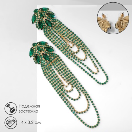 Hanging earrings with rhinestones "Magic" drops and waterfall, green color in gold, 14 cm