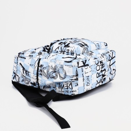 A backpack with a zipper, 3 outer pockets, blue/white color-2