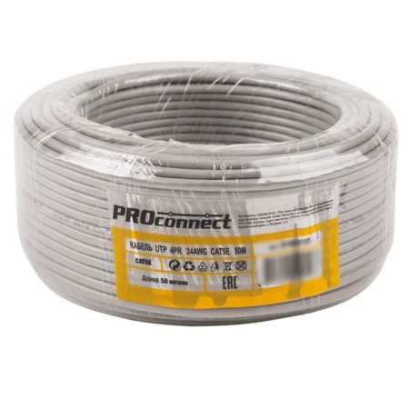 Bay cable twisted pair U/UTP, CAT 5E, PVC, 4PR, 24AWG, Indoor, Solid, Gray, 50m Proconnect-1