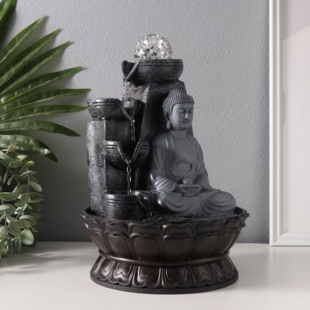 The desktop fountain from the network, backlight "Buddha at the cliff with bowls" gray 20x20x30 cm-2