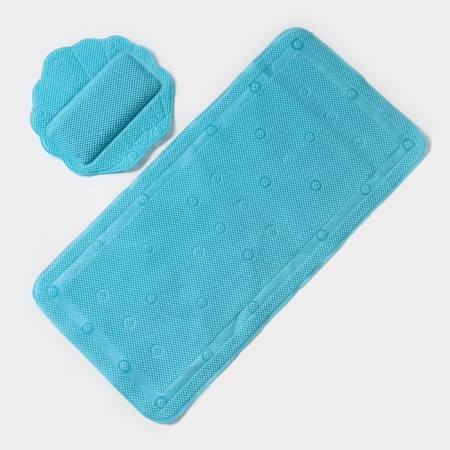 Lotos -shaped bathtub set, rug 43 × 90 cm, pillow 33 × 33 cm, blue color