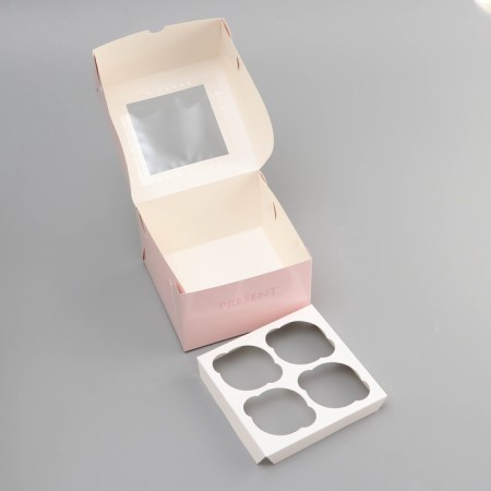 Box for 4 cupcake with a window, "beautiful", 16 x 16 x 10 cm, confectionery packaging-4