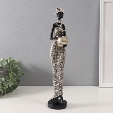 Polystone souvenir "African in a dress with leaves, with a pot" White with black 8.5x8x39 cm