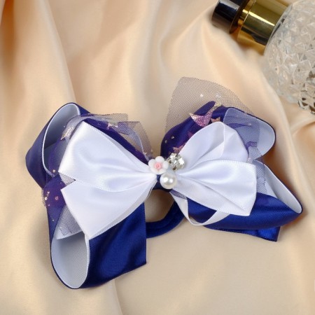 Hair elastic band "Schoolgirl" Bant flower bead stars, 12x7 cm, white-blue