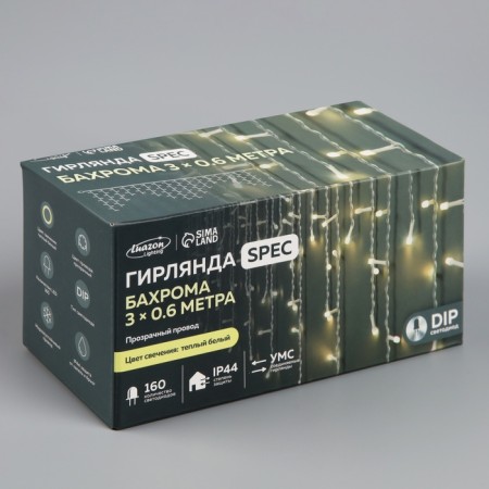Garland "fringe" 3 × 0.6 m, IP44, UMS, transparent thread, 160 LED, glow warm white, white flicker, 220 V-5