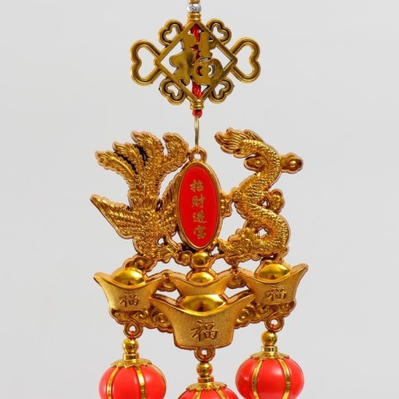 Plastic suspension, textile "Dragon and phoenix on gold ingots" 13x66 cm-1