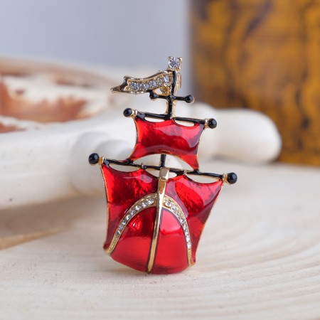 Brooch "Ship" Sail, Red color in gold