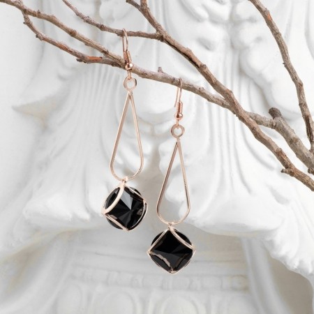 Hanging earrings with rhinestones "drop with a rhombus", black color in pink gold, 7.2 cm-1