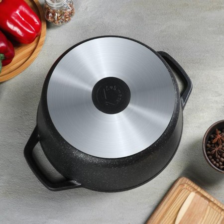 Pan, 6.5 l, glass cover, anti -stick coating, dark marble color-2