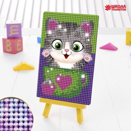 Diamond mosaic with a partial filling on the stand for children "Kotik", 10 x 15 cm-3