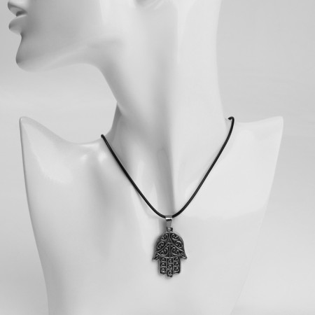 Piece on the cord "Hams Hand" amulet, color black silver on a black lace, 40 cm-3