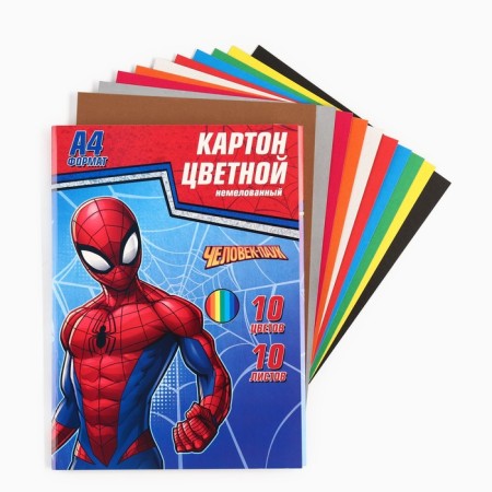 Cardboard color, A4, 10 sheets, 10 colors, non-unilateral, in folder, 220 g/m², Spider-Man-1