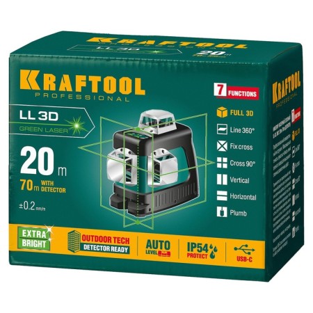 Laser Laser Kraftool LL 3D 34641, 3 rays, 20/70 m, ± 4 °, ± 0.2 mm/m, 5/8 "-8