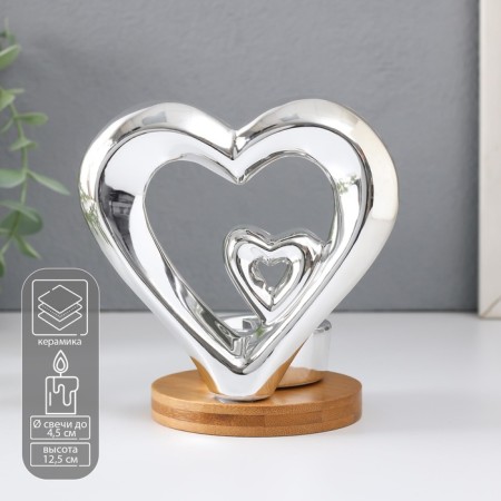 Ceramics candlestick per 1 candle "Two hearts" silver 11x8x12.5 cm