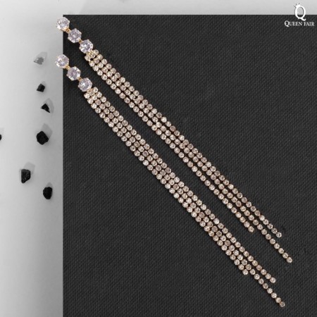 Hanging earrings with rhinestones "drops" three threads, white color in gold, 14 cm-2