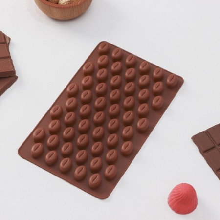 Form for marmalade Dolyan "Coffee beans", silicone, 18.5 × 11 × 1 cm, 55 cells (1.6 × 1.2 cm), brown color