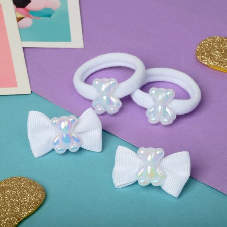 Hair set "Cute" (2 clamps 3.5 cm, 2 elastic bands) Bear white-1