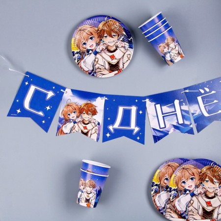 A set of paper dishes is a disposable anime ”: 6 plates, 1 garland, 6 glasses-3