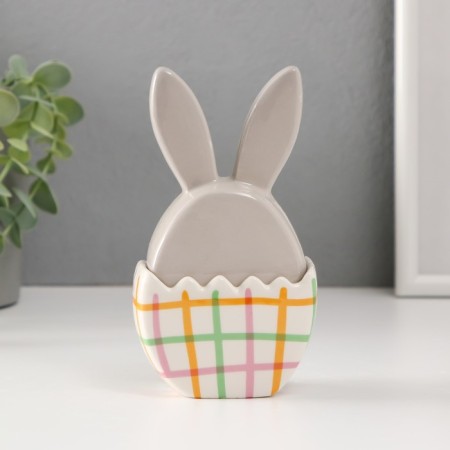 Coramics box "Bunny in an egg in a cell, with a flower" gray-yellow 8x5.4x14.2 cm-2
