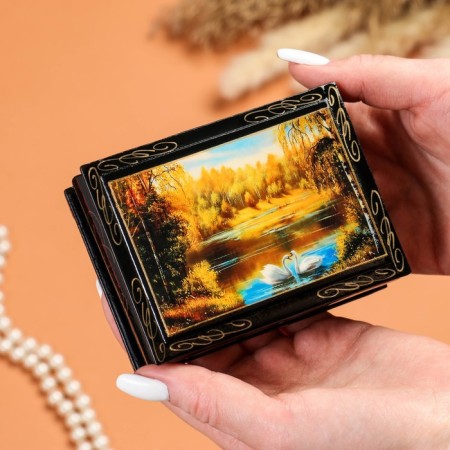 Casket "Swans", 7.5 × 10 cm, lacquer miniature-2