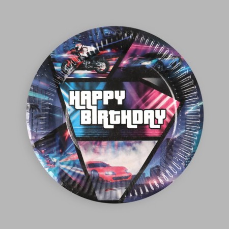 Disposable paper plate Happy Birthday racer, set 6 pcs, 18 cm-2