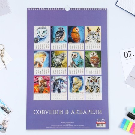 Календарь перекидной на ригеле А3 "Акварельные совушки" 2025 год, 32 х 48 см-2