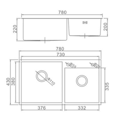 Kitchen sink Aflorn AF97843B-D, Sredal, Double, S = 3.0 and 0.8 mm, 78x43x22cm, Siphon, Graphite-8