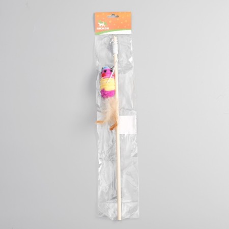Teaser with a terry mouse (7 cm) on a wooden stick, 40 cm, mix of flowers-4